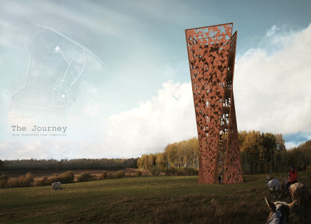 Weathered Steel Tower Embracing Latvian Mythology Within A Natural Landscape