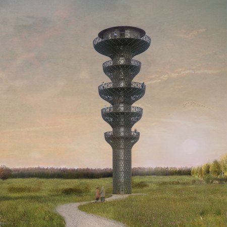 Funnel-Shaped Structure Crafted from Steel and Redwood Enhancing Scenic Views in a Natural Setting  