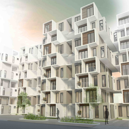 Charred Wooden Shingles and Solar Collectors Enhance Energy-Efficient Modular Housing in Urban Landscapes