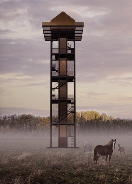 Reflective Steel Frame With Chain Link Fencing Overlooking Countryside Views  