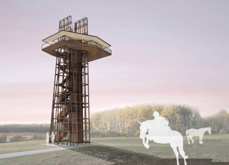 Charred Wood And Glass Balustrades Elevate A Community Observation Tower In An Agricultural Landscape