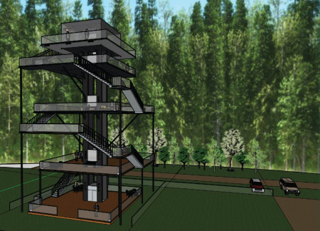 Solar-Powered Observation Tower With Glass Enclosure And Steel Framework in a Forest Setting