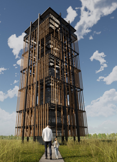 Glass Walls and Wooden Laths in a Sustainable Viewing Platform  