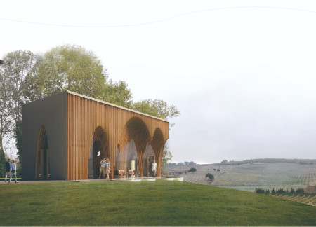Charred Wooden Shingles and Triple-Glazed Windows in a Vineyard Tasting Room