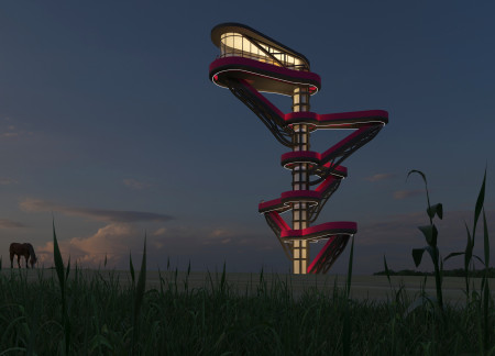Recycled Plastic Panels and Steel Structure Forming a Flower-Inspired Observation Tower
