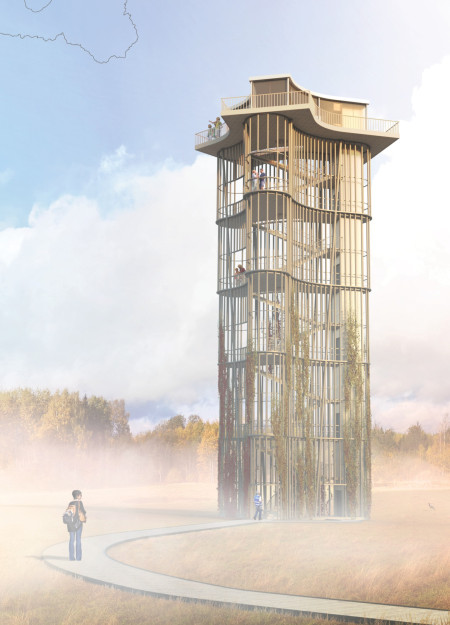 V-Shaped Observation Tower Crafted from Local Spruce with Transparent Facades and Integrated Rainwater Collection
