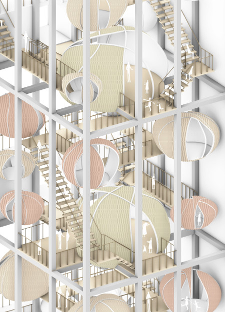 Biodegradable Leather Capsules Nestled Within Brutalist Frameworks for Flexible Urban Living