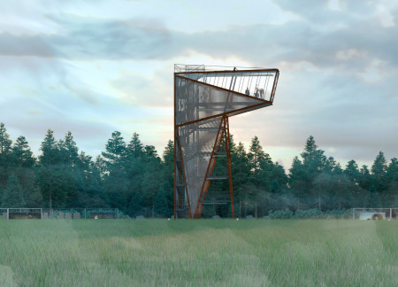 Corten Steel Structure Offering Elevated Views and Community Engagement Through Natural Timber Elements