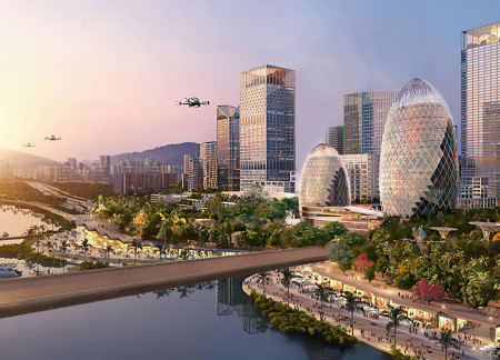 Curved Glass Facades and PTFE Membranes in Bamboo-Inspired Towers for Urban Sustainability