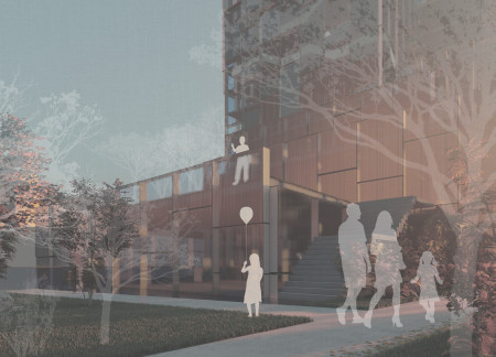Pixelated Facade of Glass and Concrete Enveloping Community Spaces in a Vertical Oasis