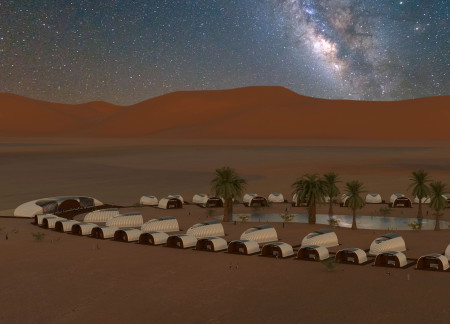 Moisture-Harvesting Structures with Inflatable Fabric and Integrated Timber Solutions in Desert Landscapes