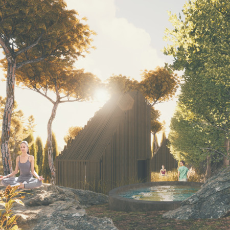 Charred Wooden Shingles Enhancing Sustainable Retreats in Natural Landscapes