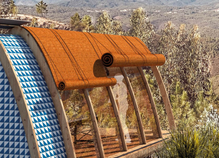 Wicker-Clad Shelters Intertwined with Natural Terrain Promoting Mindfulness and Community Connection