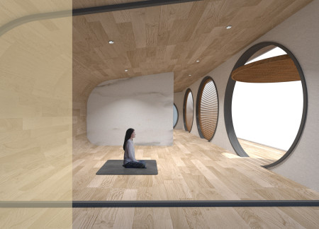 C-Shaped Sanctuary Crafted From Natural Wood and Textured Plaster Embracing Mindfulness and Serenity