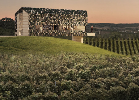 Colored Tile Facade Reflecting Vineyard Views in a Contemporary Cinema Design  