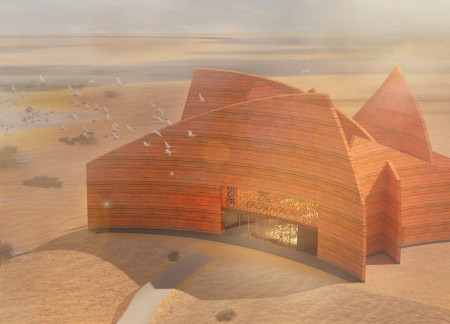 Rammed Earth Habitat Featuring Sail-Inspired Roof and Sustainable Design Elements