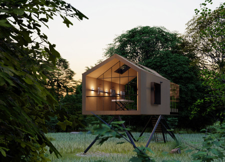 Elevated Sanctuary Crafted with Recycled Wood and Solar Fabrication Techniques