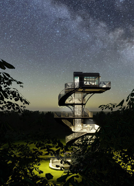 Observation tower featuring a spiral structure with reinforced concrete and panoramic glass elements for enhanced ecological engagement