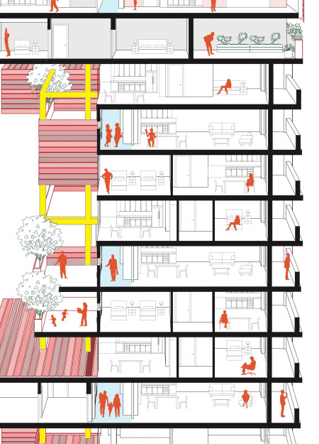 Charred Wooden Shingles and Urban Gardens in a Sustainable Community Housing Complex