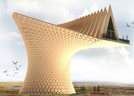 Spiral Pathways and Glazed Openings in a Charred Wooden Observation Tower  