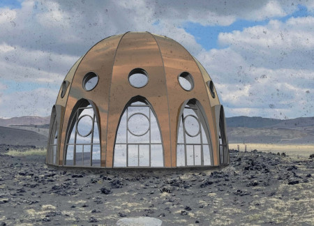 Chapel with a Geodesic Dome Crafted from Rammed Earth and Copper Cladding in the Icelandic Landscape