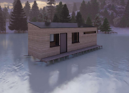 Floating Retreat Crafted With Insulated Panels and Natural Wood Siding for Seasonal Recreation
