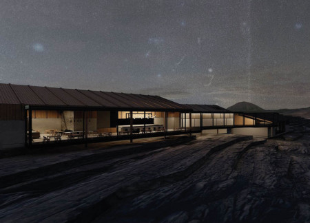 Translucent Glass Facades and Steel Framework Harmonizing with Volcanic Landscapes in a Geothermal Food Experience