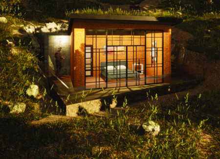Cork-Insulated Retreat Integrated into Sloping Terrain Fostering Wellness and Mindfulness