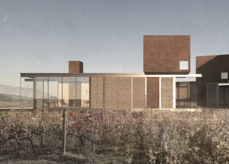 Corten Steel and Recycled Brick Retreat Nestled Amid Vineyard Views