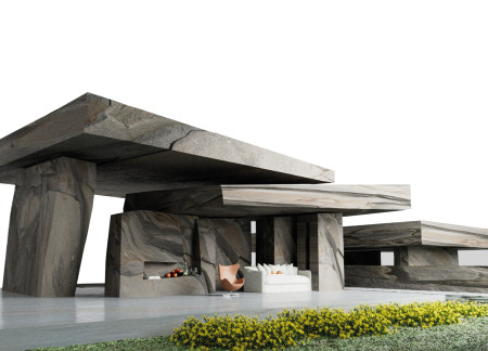 Geology-Inspired Structure Featuring Locally Sourced Granite and Expansive Glass Facades in a Sustainable Living Environment