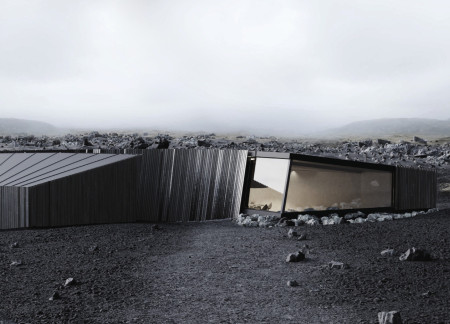 Curvilinear Café and Exhibition Space Crafted from Carbonized Wood and Cast Concrete  