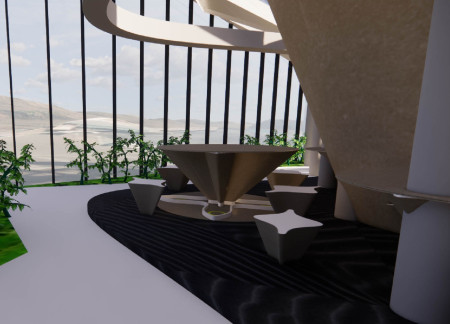 Volcanic Sand and Glass Facade Enhancing Community Dining Amidst Dramatic Landscapes