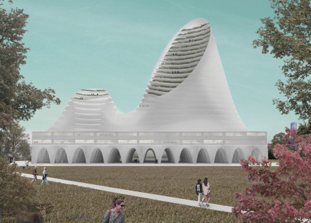 Mixed-use development featuring sustainable composite materials and organic fluid forms in an urban landscape