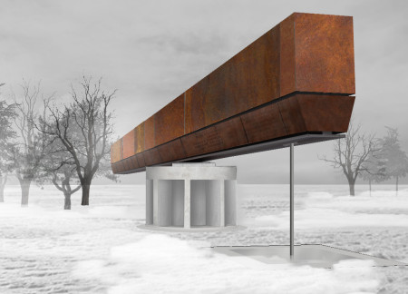 Weathered Corten Steel Beam Elevated Above A Natural Landscape For Communal Reflection
