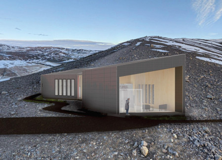 Volcanic Ash Terracotta and Acoustic Wood Panels Define a Coffee Shop Amidst Iceland's Rugged Landscape