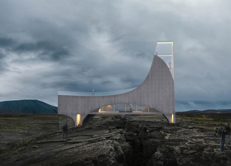 Curvilinear Visitor Center Crafted From Reinforced Concrete and Expansive Glass in the Icelandic Landscape