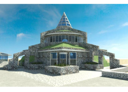 Natural Stone and Glass Structure Embracing Volcanic Formations for Community Living  