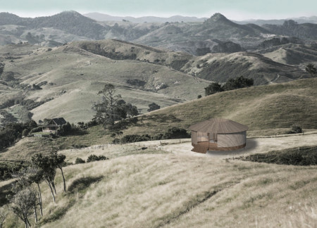 Circular Retreat Featuring Sliding Walls and Sustainable Plywood Construction