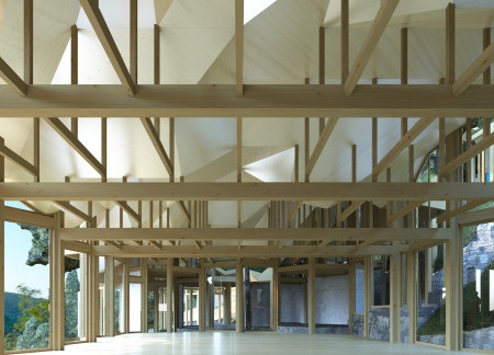 Residential retreat featuring reclaimed wood and green roofing elements