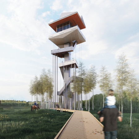 Galvanized Steel Structure Embracing Natural Wood Within a Biodiverse Observation Setting