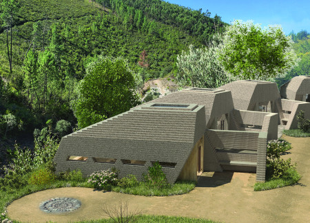 Cork Insulation and Charred Shingles Define Sustainable Meditation Cabins in a Serene Landscape