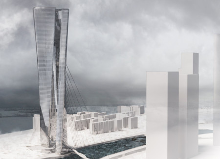 Transparent Glass Facade and Vertical Garden Elements in a Multifunctional Urban Hub