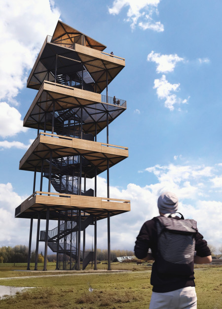 Cantilevered Observation Tower Showcasing Sustainable Timber Panels in a Natural Landscape