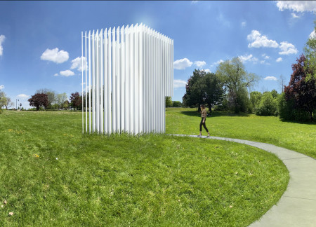 Circular Motif in White Steel and Concrete Memorial Integrating Light and Shadow Elements