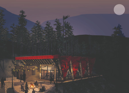 Vermillion Glulam Structure Nestled in a Tranquil Forest Retreat for Mindfulness Practice