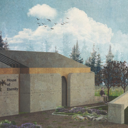 Columbarium featuring Natural Stone and Wood Paneling Embraced by Nature's Serenity