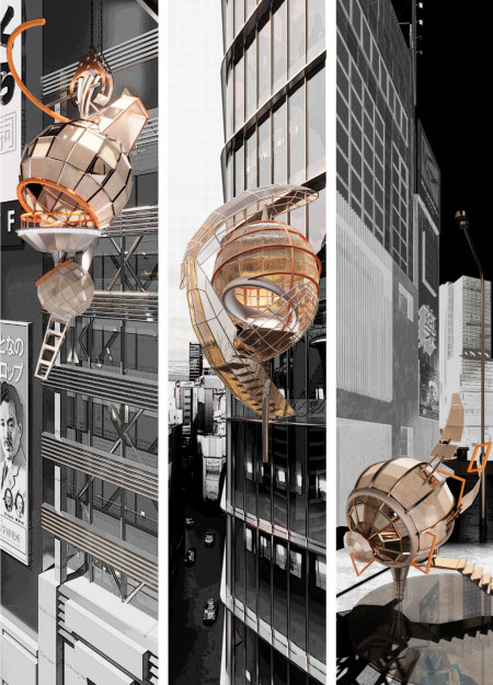 Spherical Refuge Constructed with Charred Wood and Transparent Facade in Urban Setting