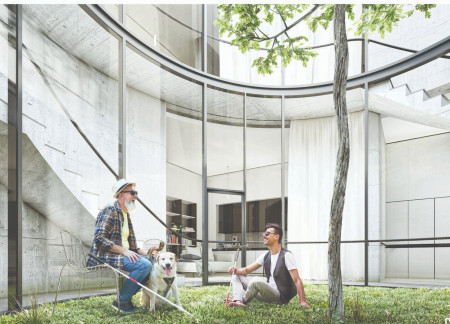 Circular Courtyards Enhanced by Expansive Glass and Natural Light in a Concrete Residence