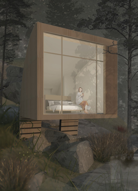 Suspended Living Pods Crafted from Sustainable Pine in a Serene Natural Landscape  