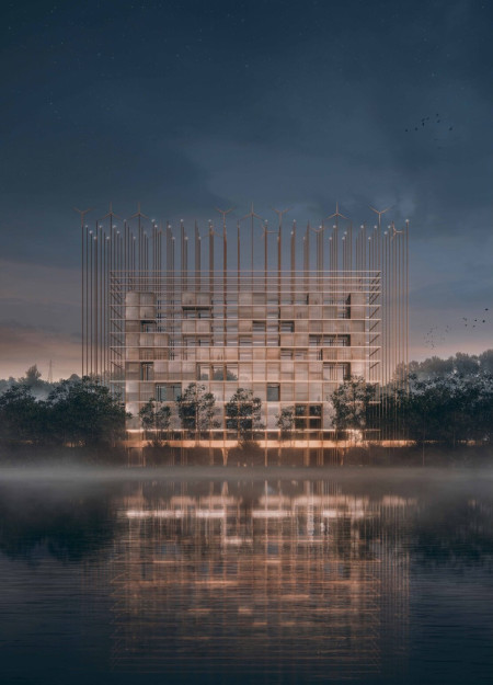 Translucent Facade of Glass and Concrete Blurs Boundaries in Urban Living Space